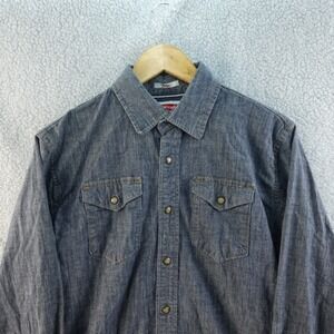 Wrangler Indigo Denim Pearl Snap Shirt Mens M Western Style Pockets Cowboy Rodeo